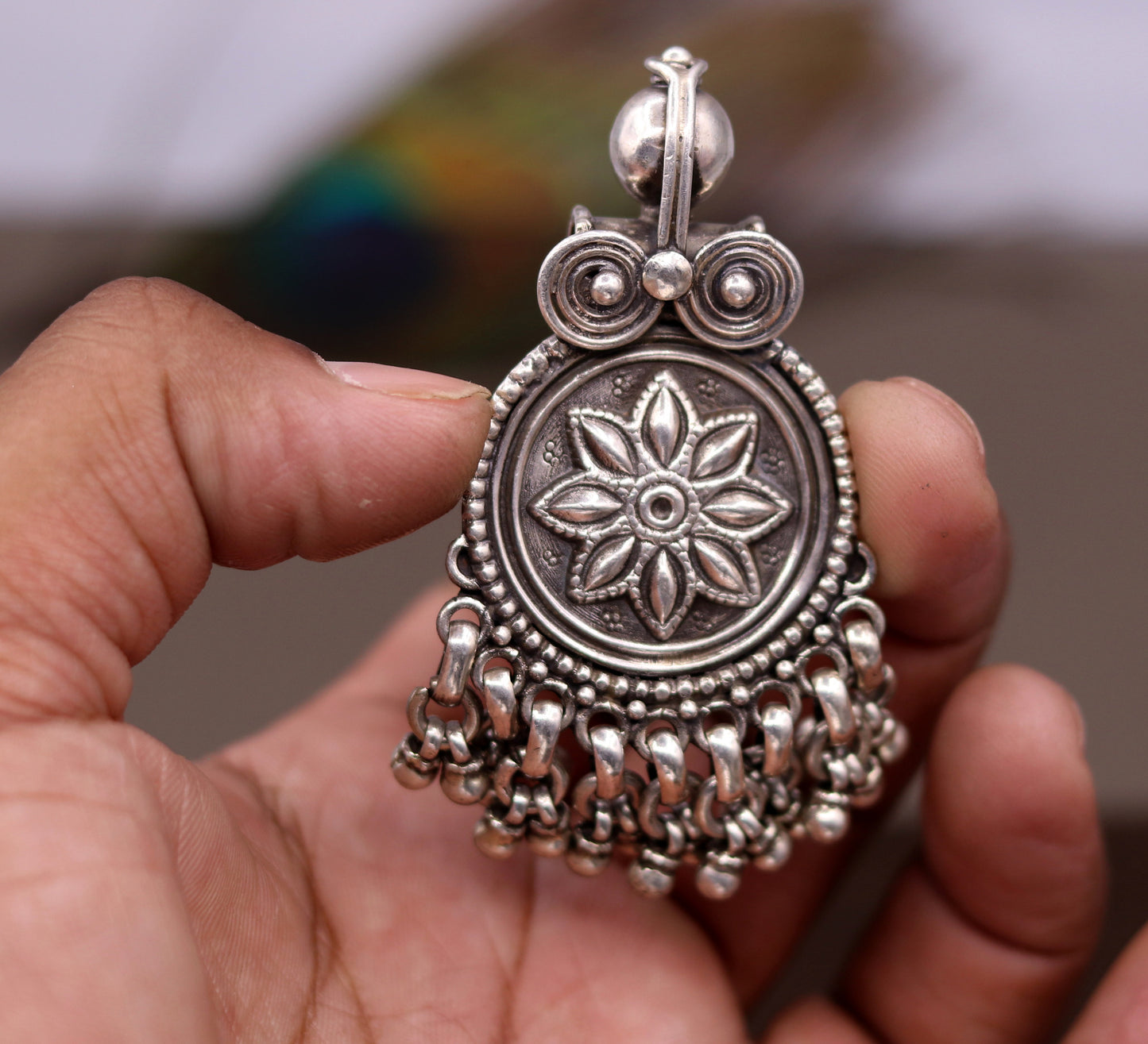 Handmade design 925 sterling silver excellent flower design vintage antique tribal pendant with hanging bells gifting jewelry nsp254 - TRIBAL ORNAMENTS