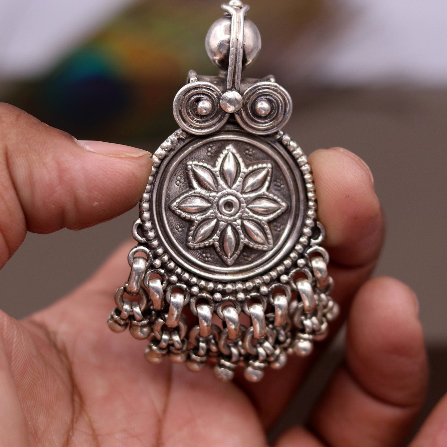 Handmade design 925 sterling silver excellent flower design vintage antique tribal pendant with hanging bells gifting jewelry nsp254 - TRIBAL ORNAMENTS