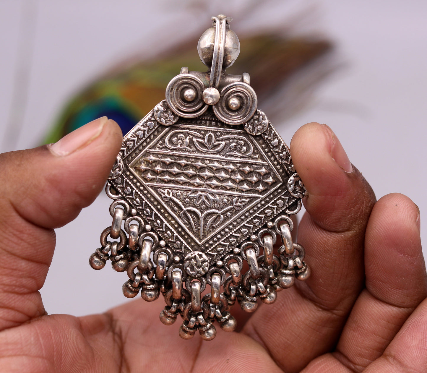 Vintage antique design Handmade 925 sterling silver excellent tribal pendant with hanging bells gifting women's jewelry nsp257 - TRIBAL ORNAMENTS