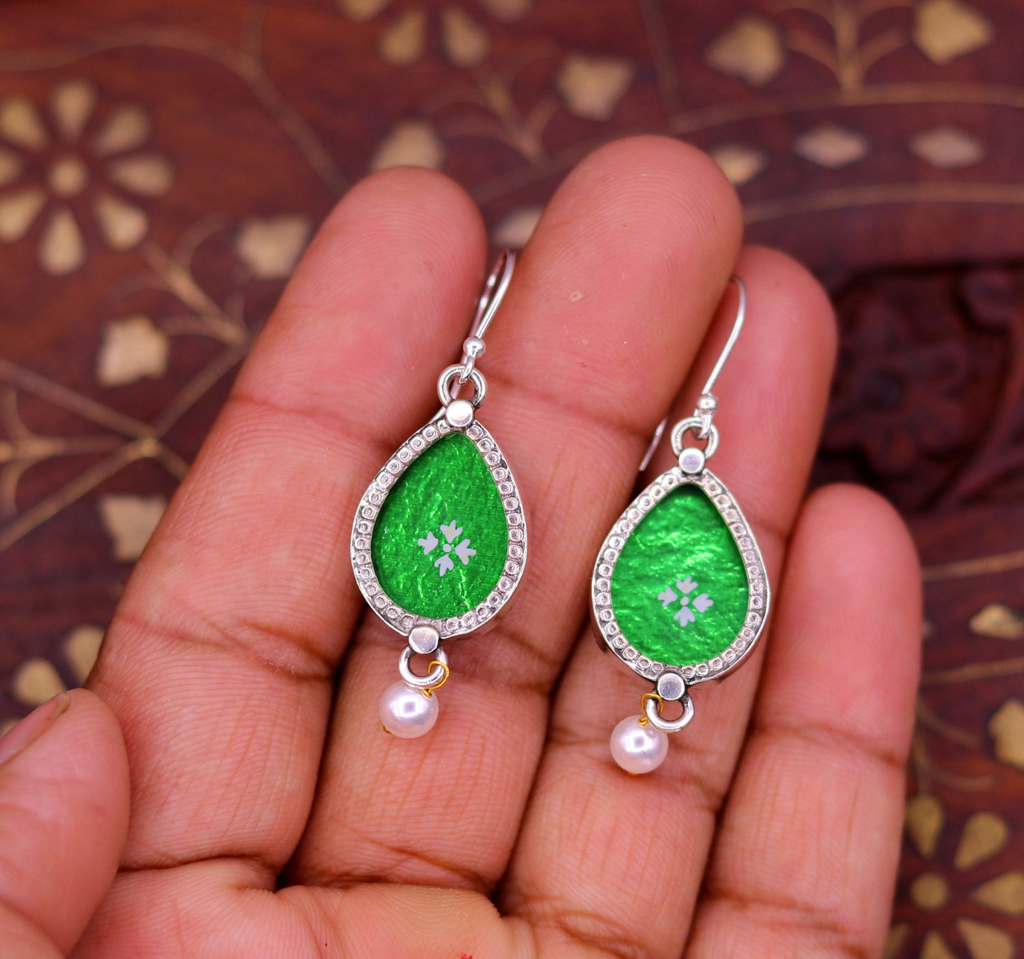 Stylish 925 sterling silver hoops earring drop dangle pearl excellent glass frame green painting ear plug stylish gifting jewelry s634 - TRIBAL ORNAMENTS