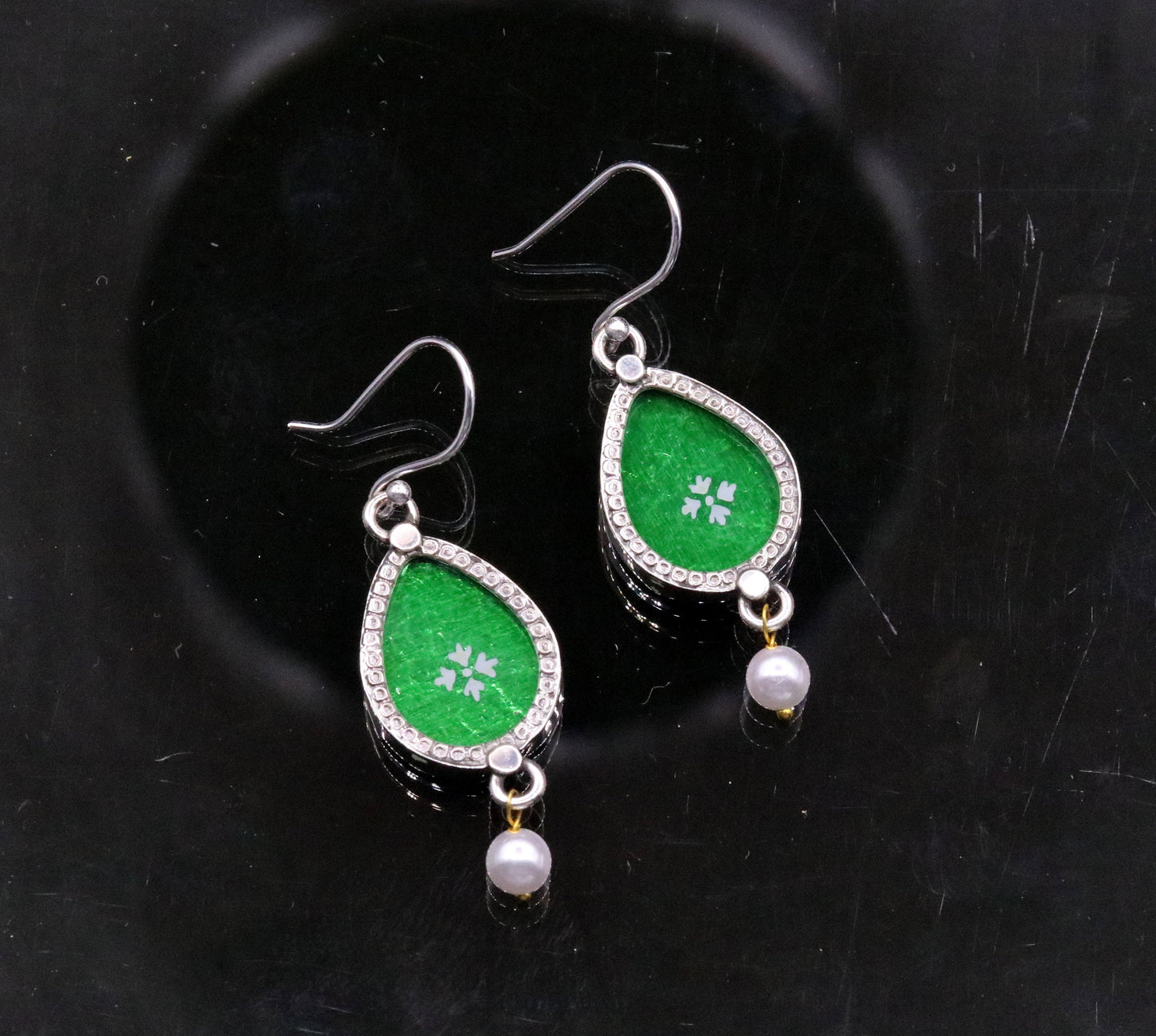 Stylish 925 sterling silver hoops earring drop dangle pearl excellent glass frame green painting ear plug stylish gifting jewelry s634 - TRIBAL ORNAMENTS