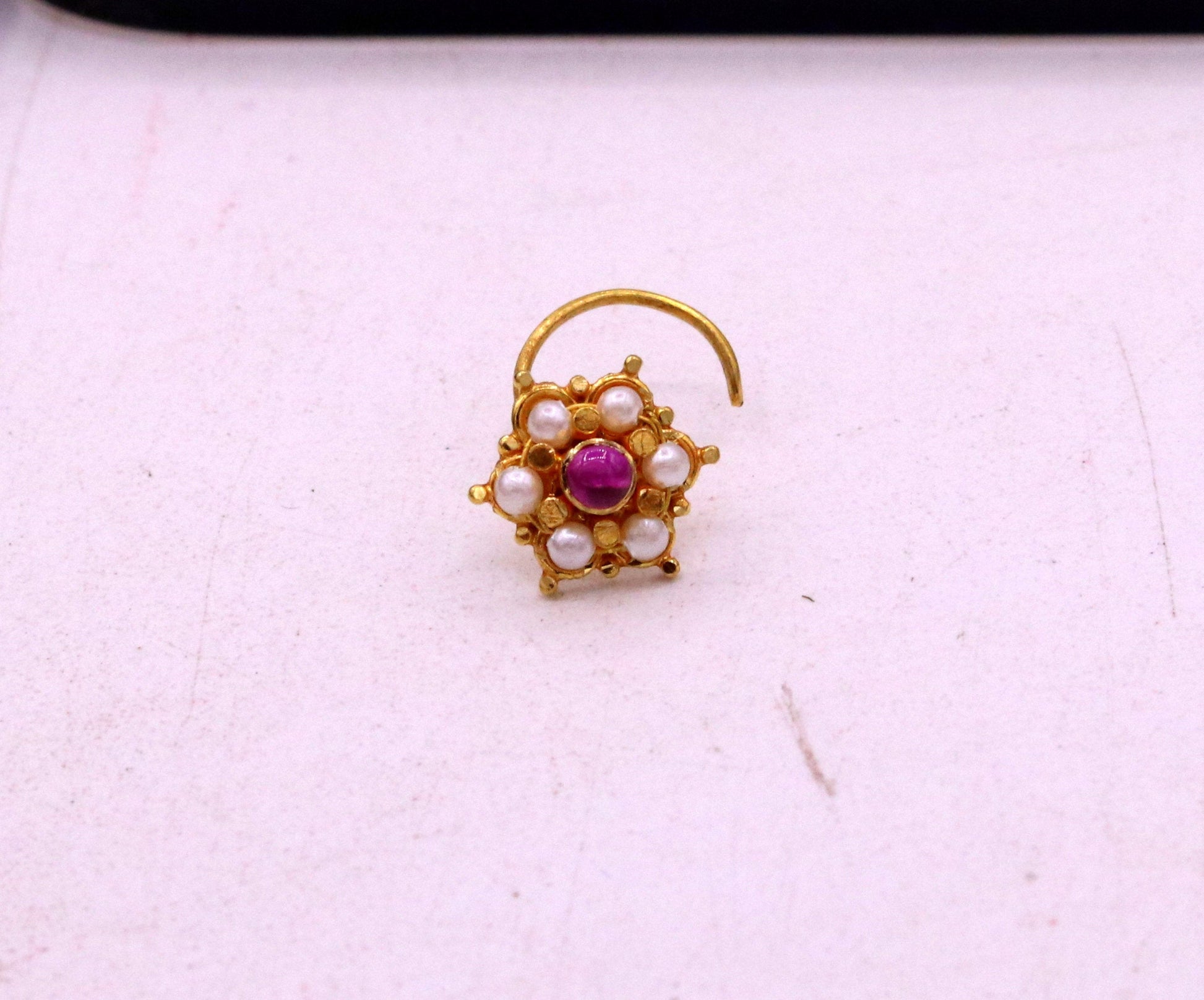 6mm white pearl and red stone fabulous 20kt yellow gold nose pin nose stud Indian vintage antique design handmade tribal jewelry gnp25 - TRIBAL ORNAMENTS