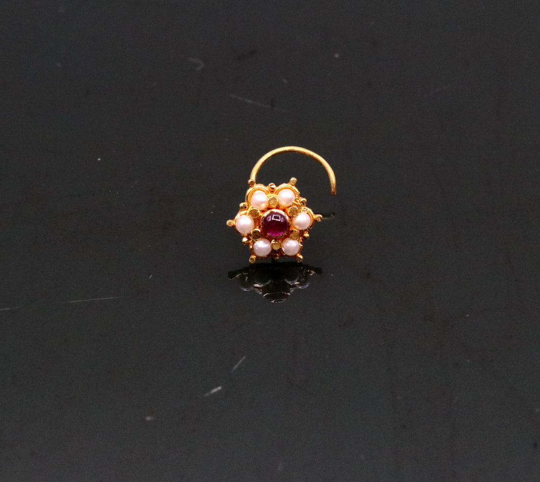 6mm white pearl and red stone fabulous 20kt yellow gold nose pin nose stud Indian vintage antique design handmade tribal jewelry gnp25 - TRIBAL ORNAMENTS