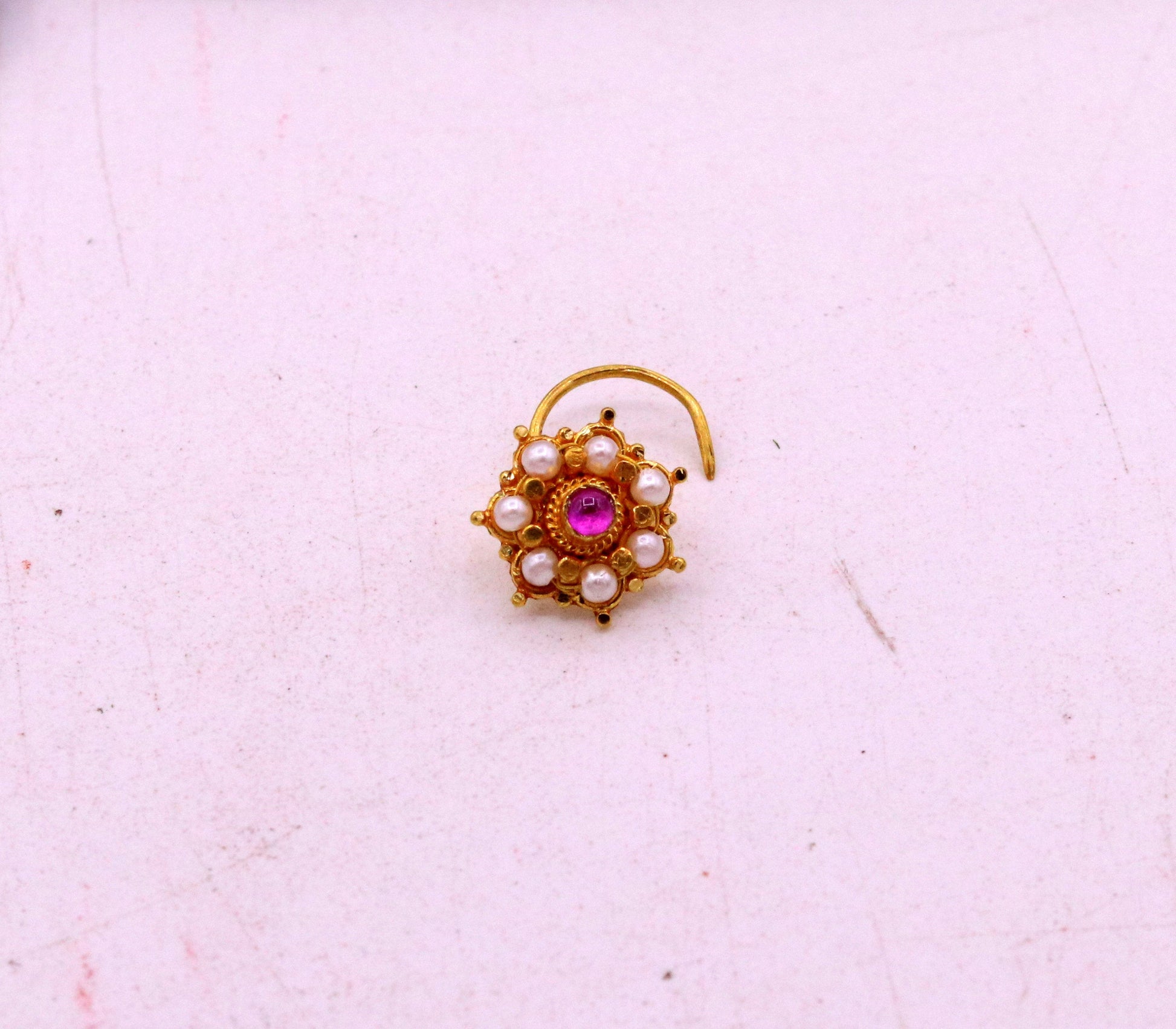 Awesome 6 white pearl and red stone 20kt yellow gold nose pin nose stud Indian vintage antique design handmade tribal jewelry gnp26 - TRIBAL ORNAMENTS