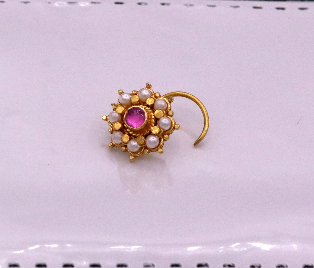 Fabulous 8 white pearl and red stone 20kt yellow gold nose pin nose stud Indian vintage antique design handmade tribal jewelry gnp27 - TRIBAL ORNAMENTS