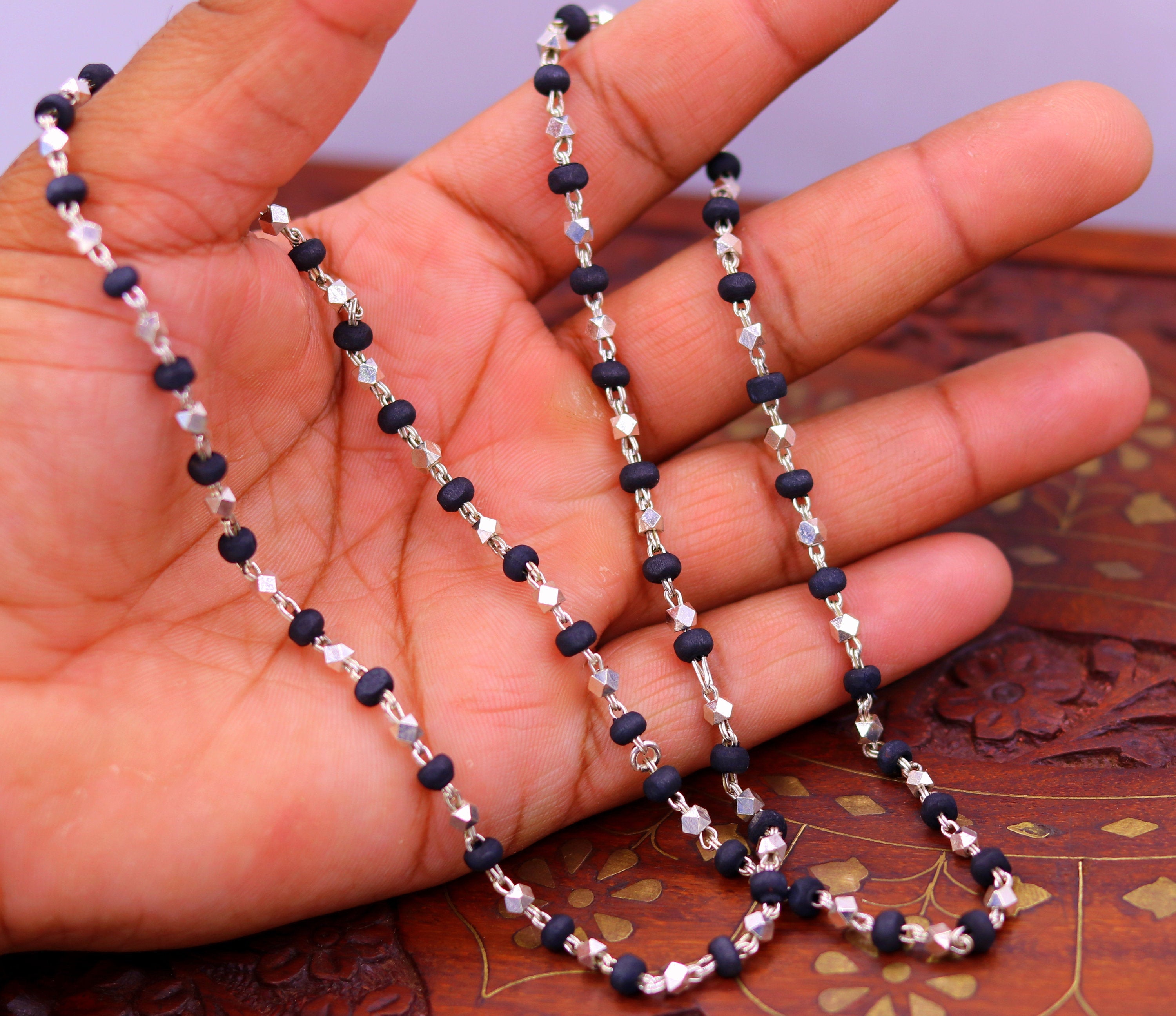 Sterling silver handmade Solid beads and black basil rosary