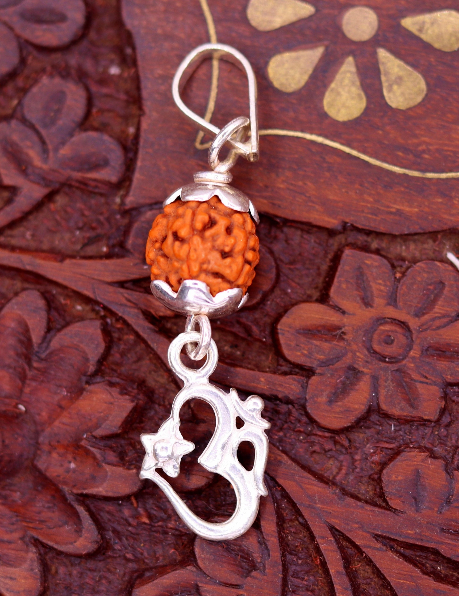 vintage design Sterling silver Aum mantra pendant with Natural rudraksha beads excellent unisex gifting light weight jewelry nsp281 - TRIBAL ORNAMENTS