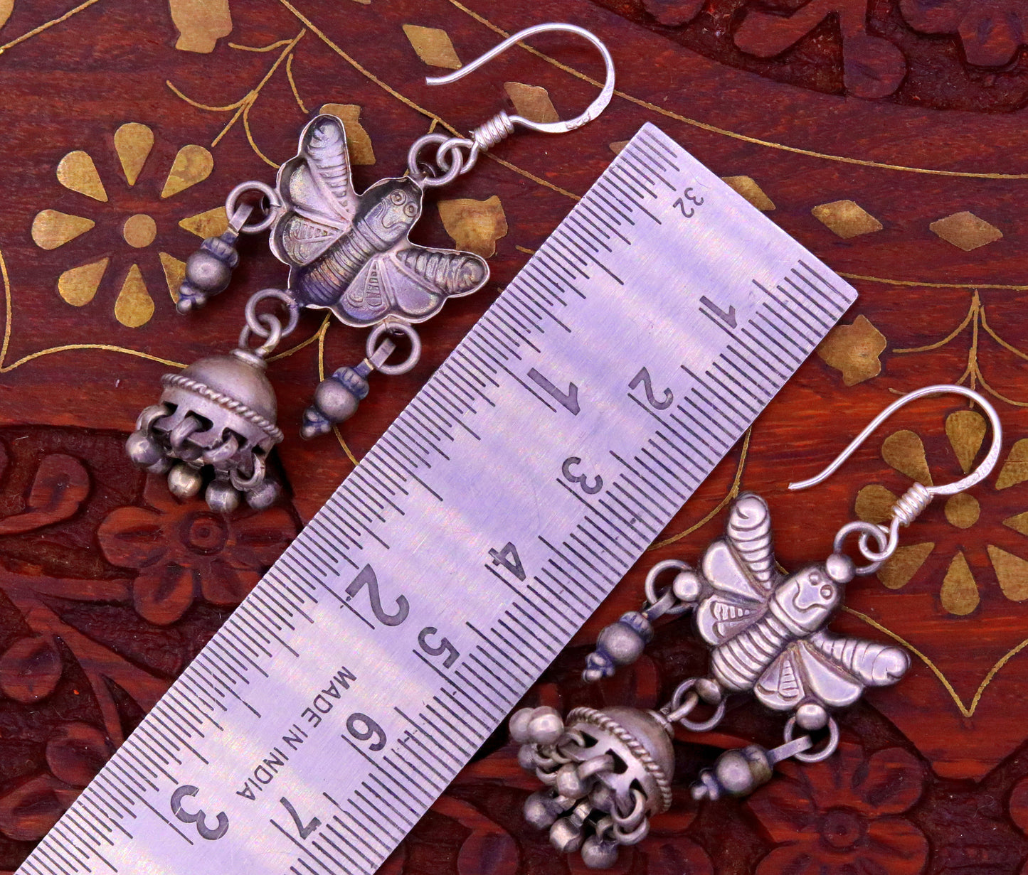 925 sterling silver handmade vintage style butterfly design hoops earring, stud earrings, jhumka with hanging bells tribal jewelry s637 - TRIBAL ORNAMENTS