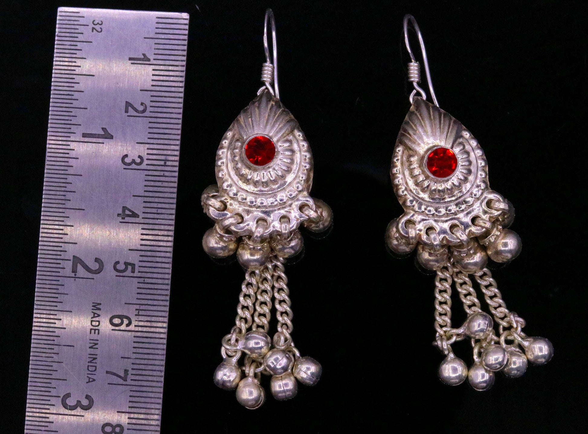 Vintage design sterling silver hoops earrings, fabulous stone and hanging noisy bells drop dangle earrings tribal jewelry from india s642 - TRIBAL ORNAMENTS