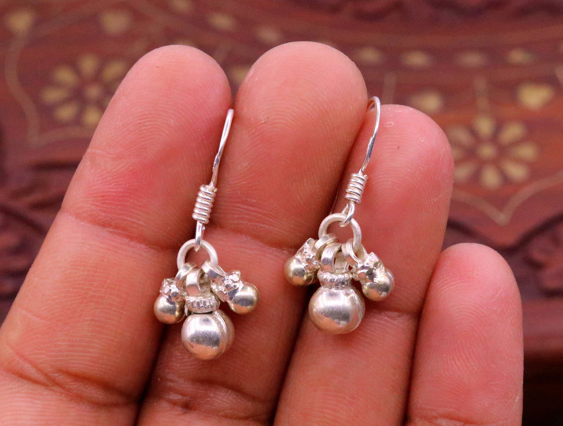 Traditional design sterling silver hoops earrings, fabulous hanging pretty bells drop dangle earrings tribal jewelry from india s644 - TRIBAL ORNAMENTS