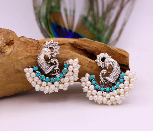 925 sterling silver handmade vintage antique design peacock stud earring fabulous hanging pearl and turquoise stone earring jewelry s704 - TRIBAL ORNAMENTS