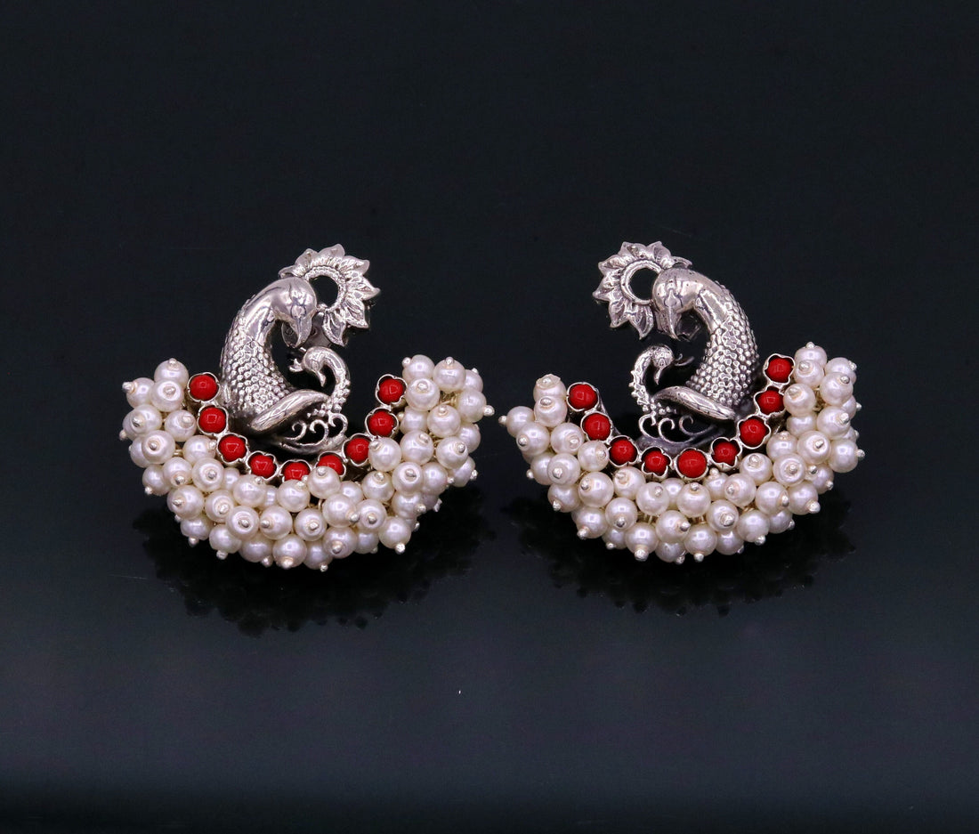925 sterling silver handmade vintage antique design peacock stud earring fabulous hanging pearl and red coral stone earring jewelry s705 - TRIBAL ORNAMENTS