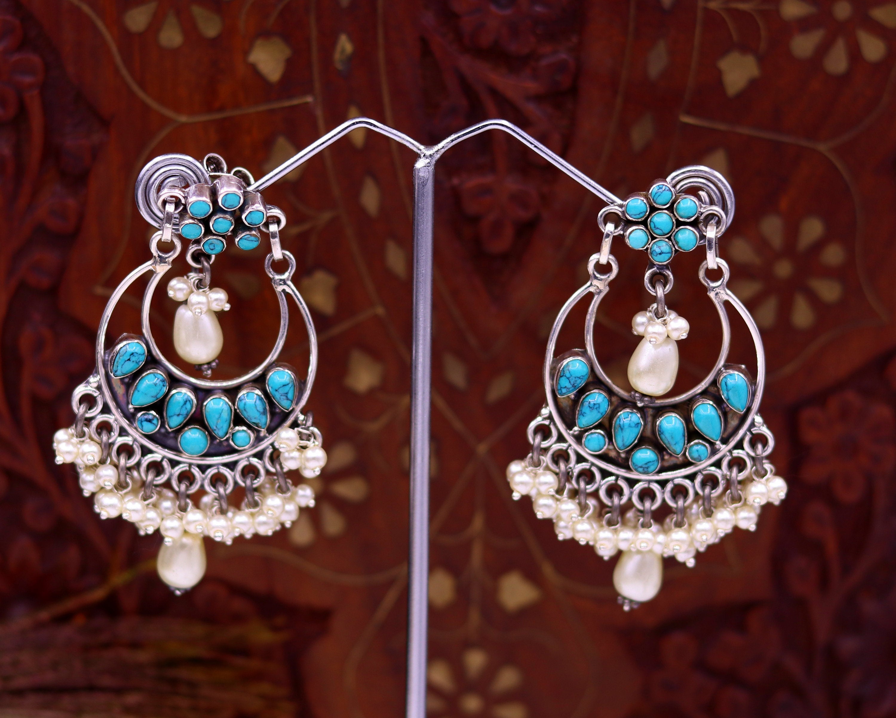 Soutache hoop embroidered earrings in turquoise, Beaded pearl buying circle earrings, Summer jewelry Gift for women