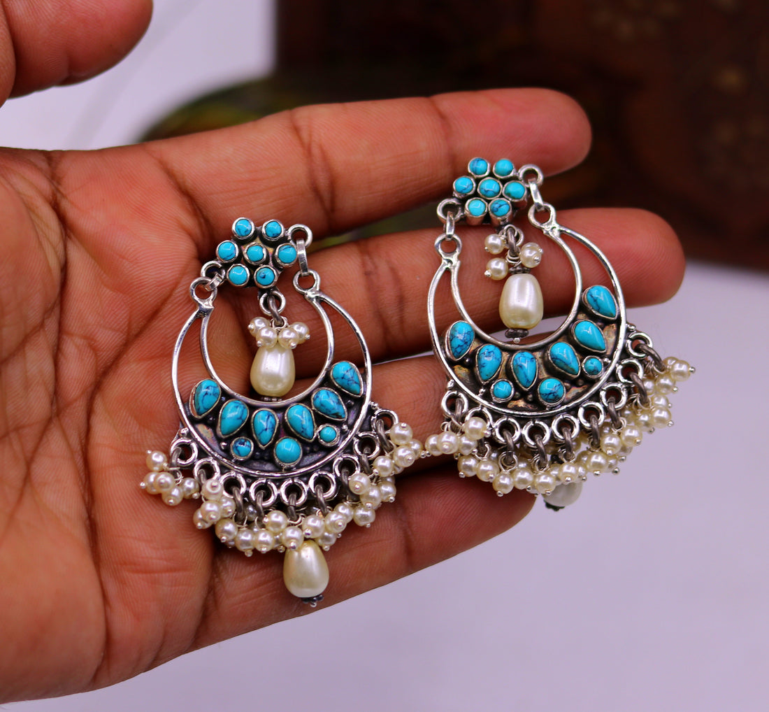 925 Sterling silver handmade fabulous pearl and turquoise stud earrings, best wedding brides collection charm earring dangler jewelry s710 - TRIBAL ORNAMENTS