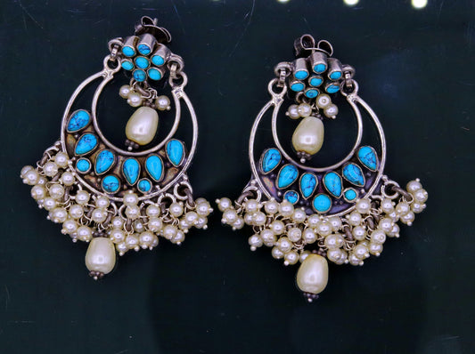 925 Sterling silver handmade fabulous pearl and turquoise stud earrings, best wedding brides collection charm earring dangler jewelry s710 - TRIBAL ORNAMENTS