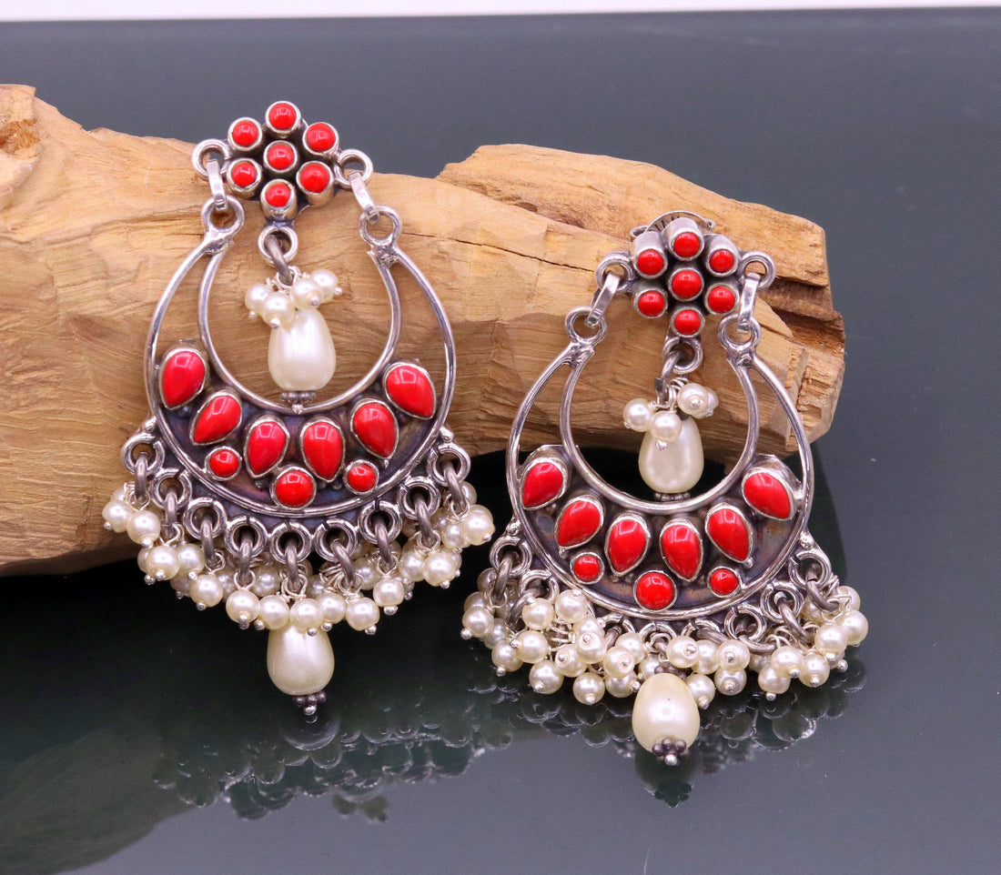 925 sterling silver handmade coral stone stud earring drop dangler , best design chandbala charm earrings hanging tiny pearl jewelry s711 - TRIBAL ORNAMENTS