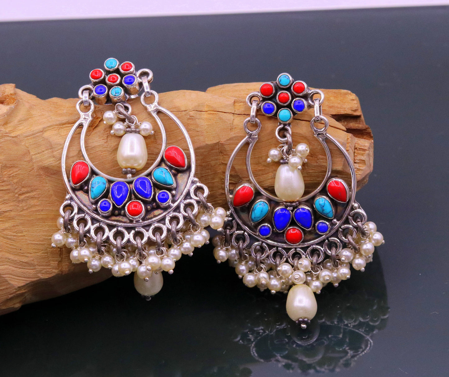 925 sterling silver handmade coral turquoise stone stud earring drop dangling, best design charm earrings hanging tiny pearl jewelry s712 - TRIBAL ORNAMENTS