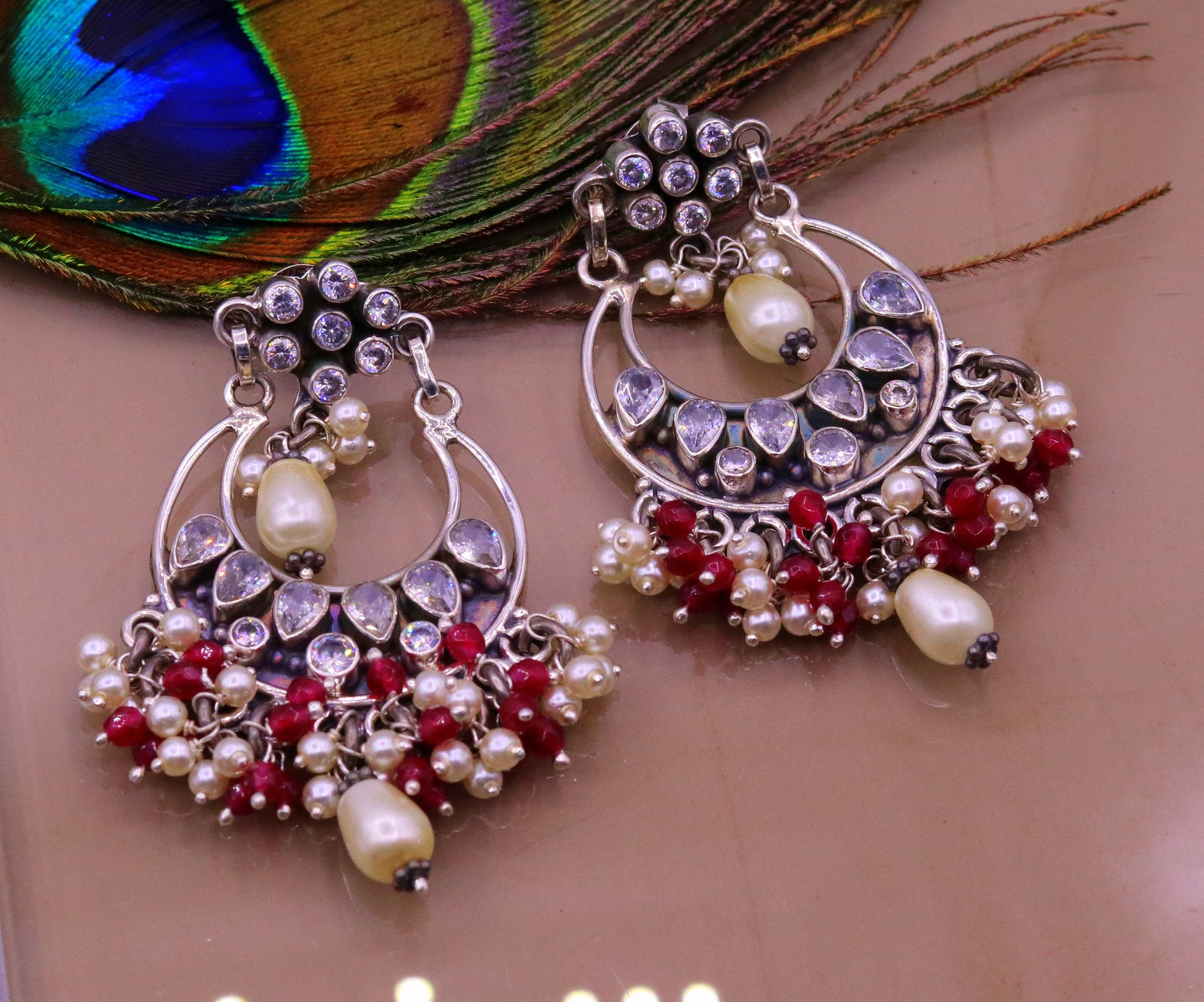 925 sterling silver handmade cubic zircon stone stud earring drop dangling, best design charm earrings hanging tiny pearl jewelry s713 - TRIBAL ORNAMENTS