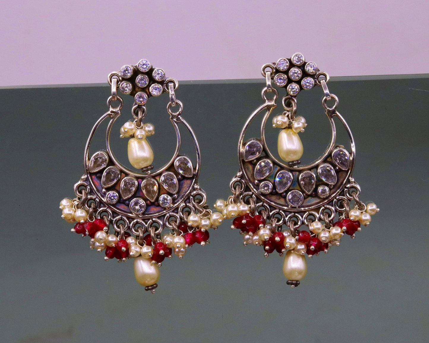 925 sterling silver handmade cubic zircon stone stud earring drop dangling, best design charm earrings hanging tiny pearl jewelry s713 - TRIBAL ORNAMENTS