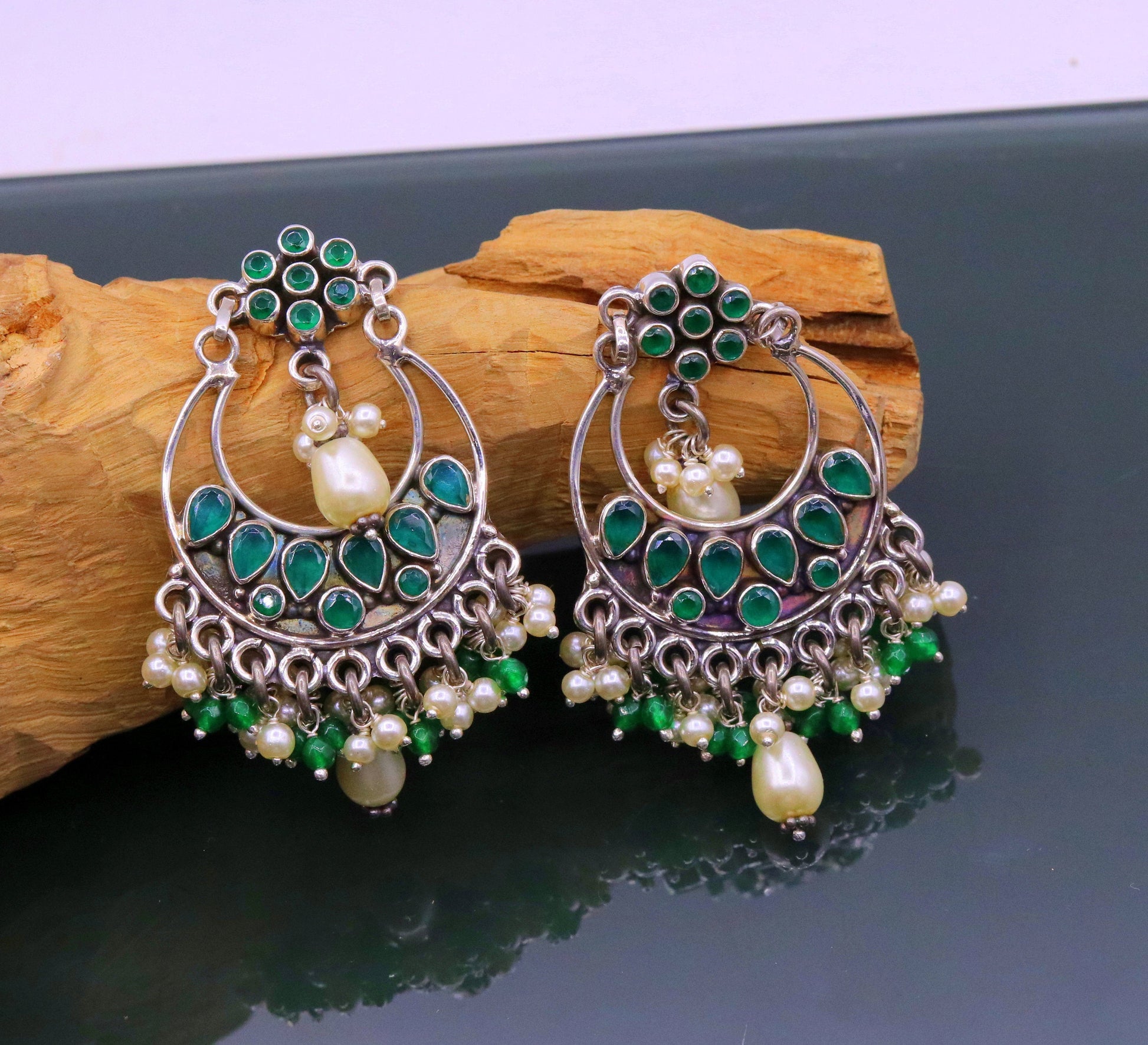925 sterling silver handmade Green Onyx stone stud earring drop dangling, best design charm earrings hanging tiny pearl tribal jewelry s714 - TRIBAL ORNAMENTS