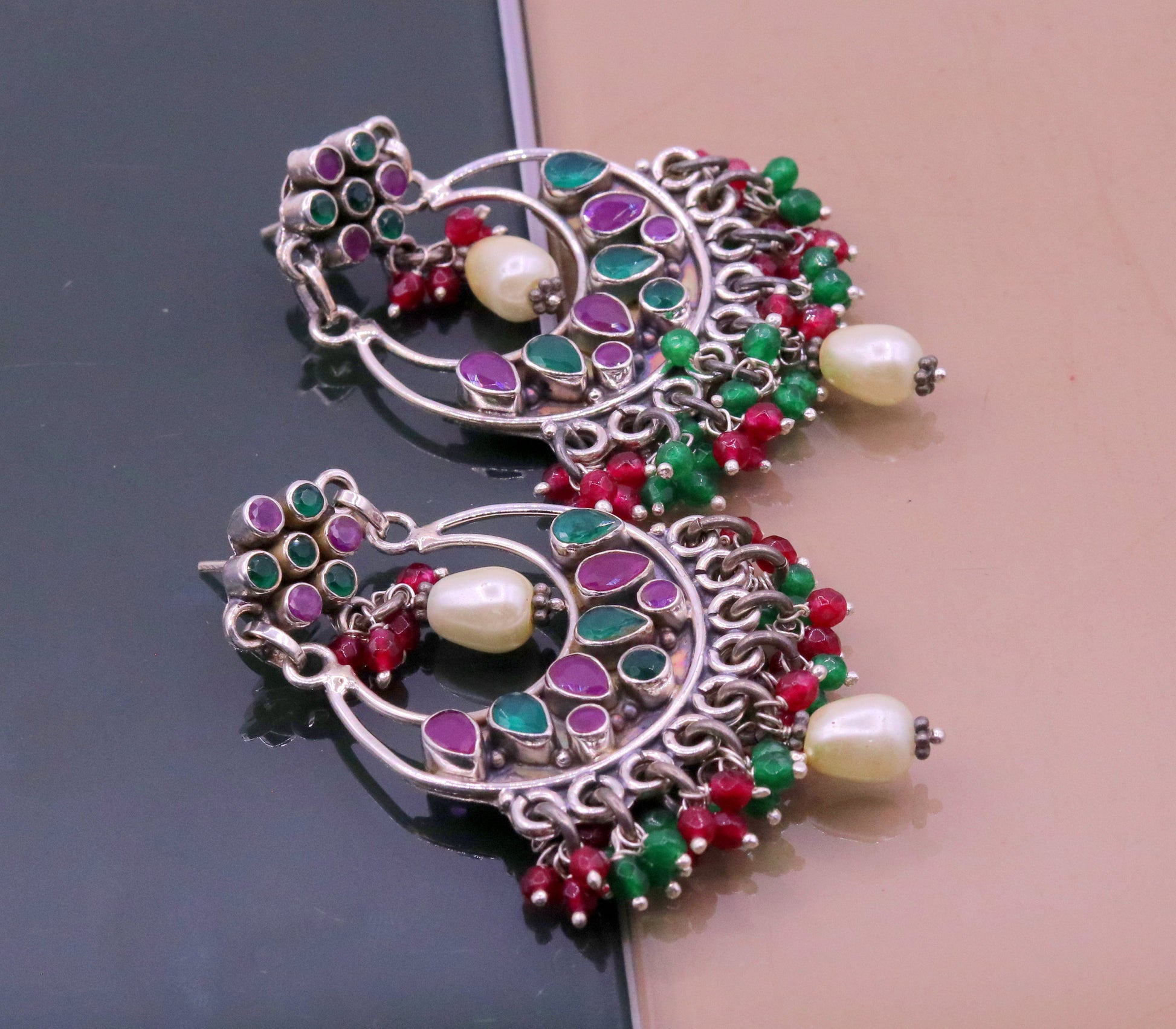 Vintage design 925 sterling silver handmade Gemstone stud earring drop dangling best design charm earrings hanging pearl tribal jewelry s715 - TRIBAL ORNAMENTS