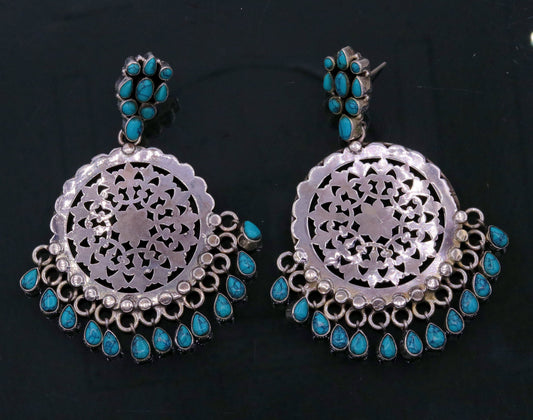 925 sterling silver handmade vintage design customized large stud earrings with turquoise stone hanging drops tribal jewelry from india s720 - TRIBAL ORNAMENTS