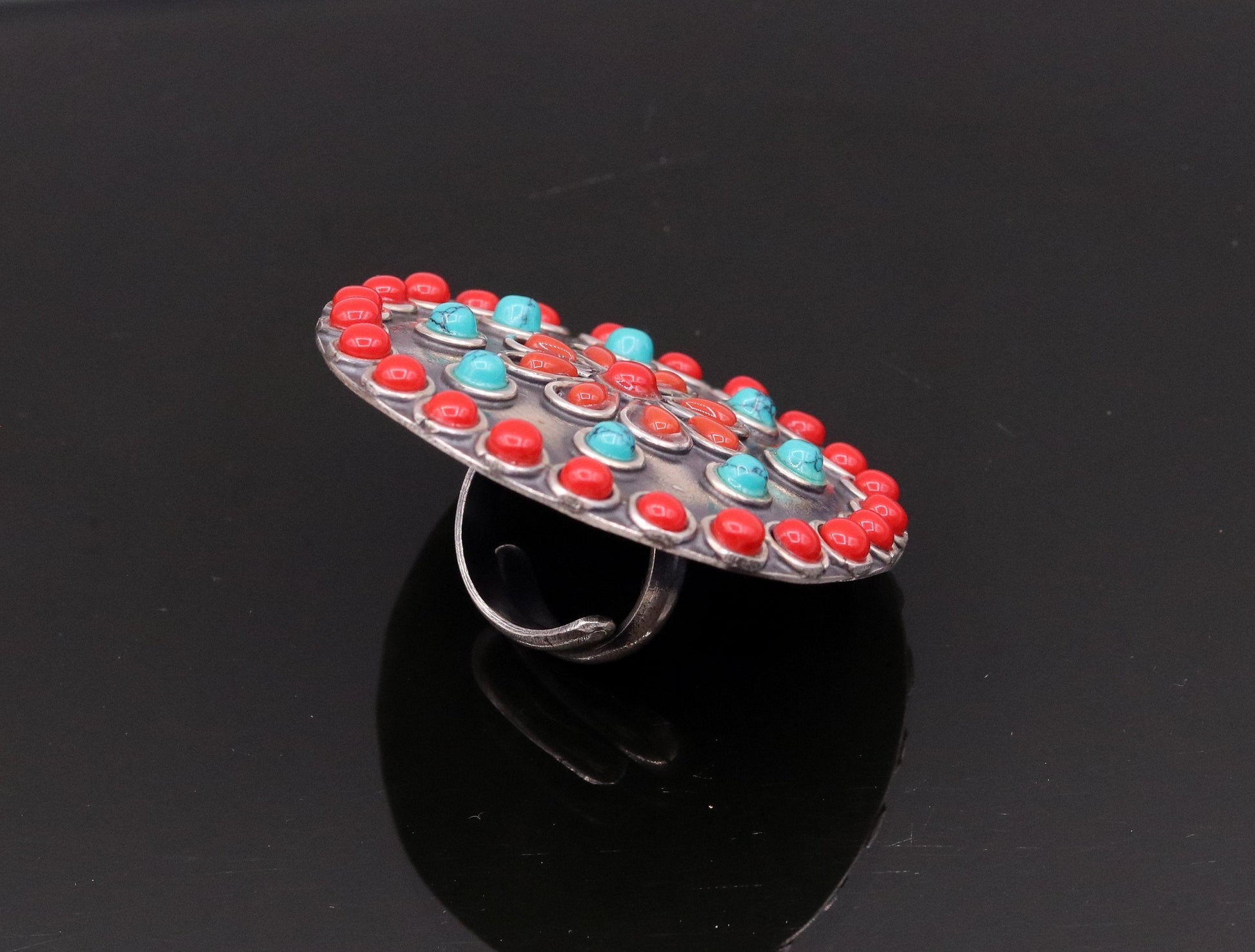 925 sterling silver handmade gorgeous turquoise and red coral stone jadau vintage design adjustable ring best gifting tribal jewelry sr254 - TRIBAL ORNAMENTS