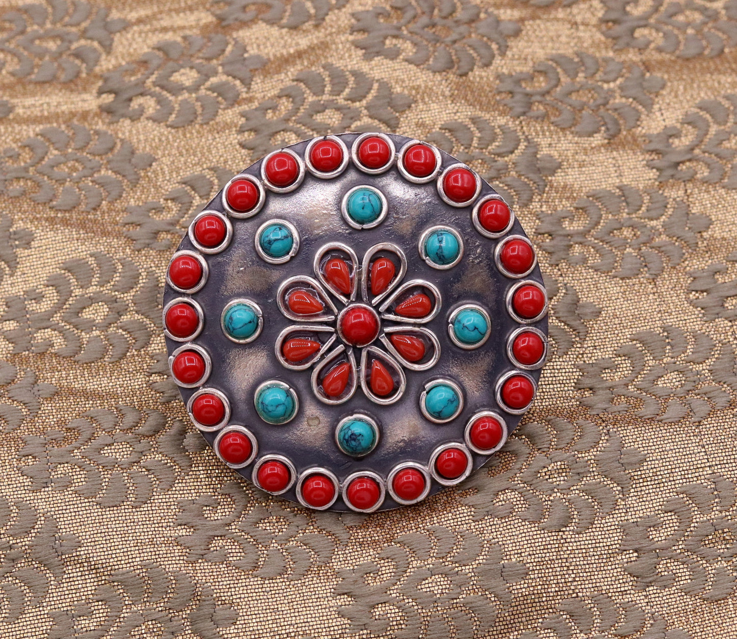 925 sterling silver handmade gorgeous turquoise and red coral stone jadau vintage design adjustable ring best gifting tribal jewelry sr254 - TRIBAL ORNAMENTS