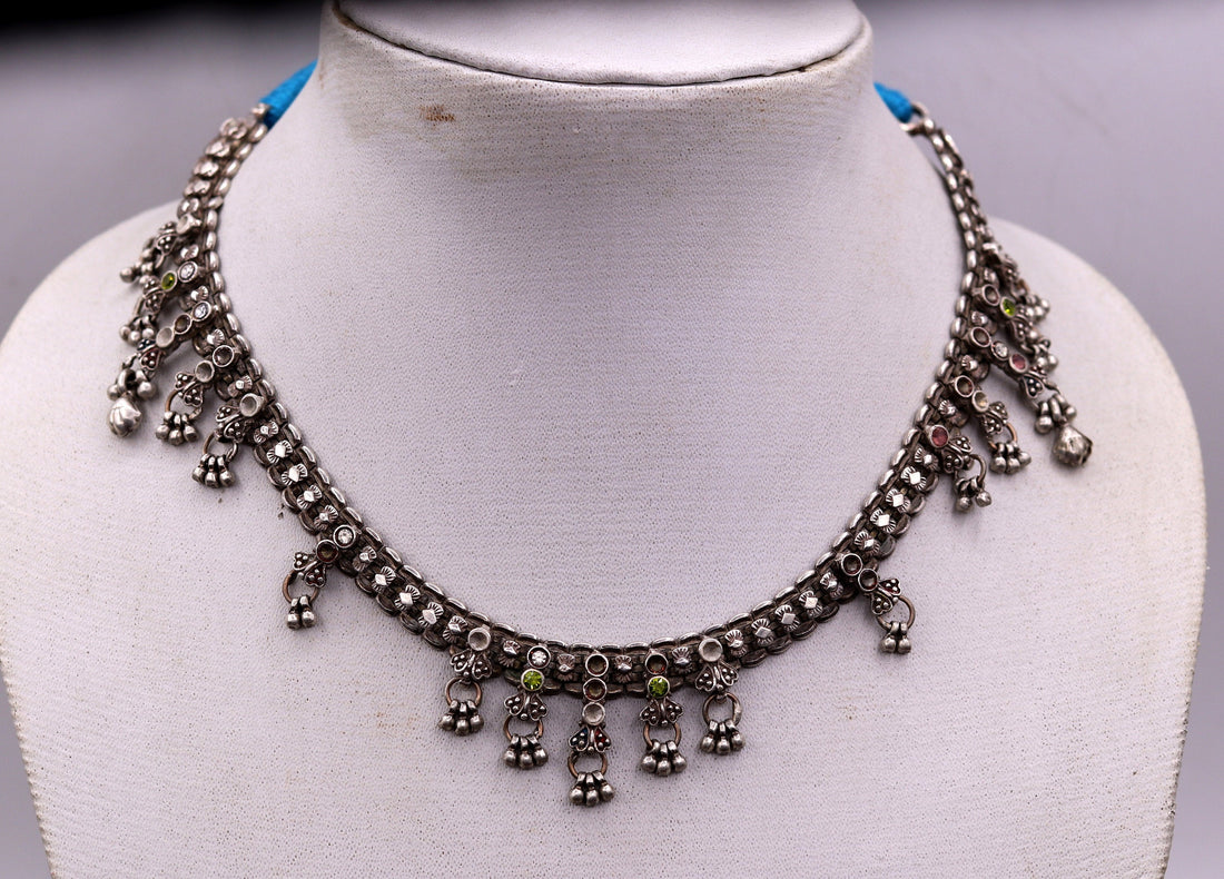 Traditional indian Handmade sterling silver adjustable necklace with fabulous hangings excellent tribal jewelry belly dance jewelry set94 - TRIBAL ORNAMENTS