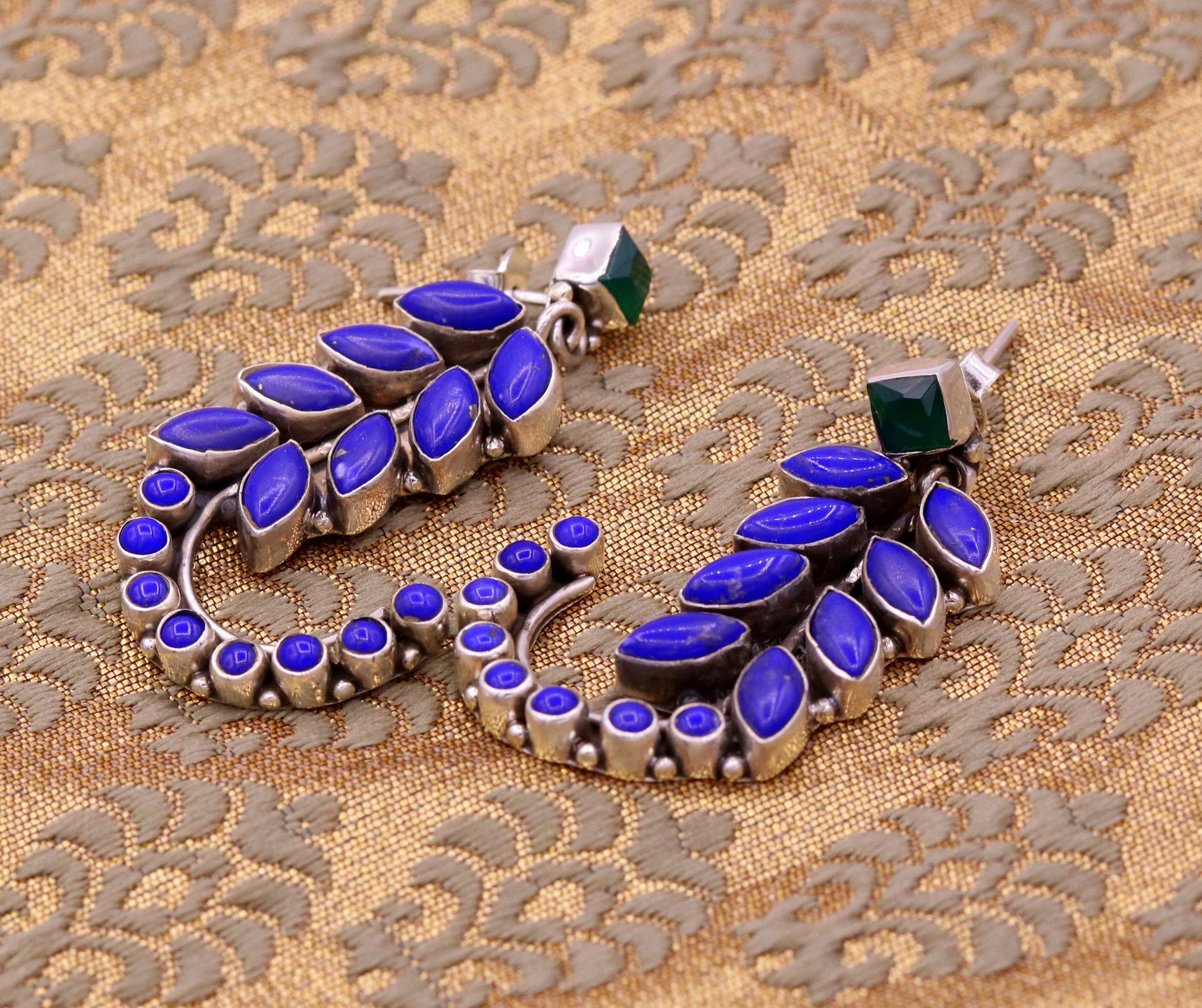 925 Sterling silver handmade fabulous leaf style designers gemstone jadau stud earring, excellent silver ear jewelry for gifting s721 - TRIBAL ORNAMENTS