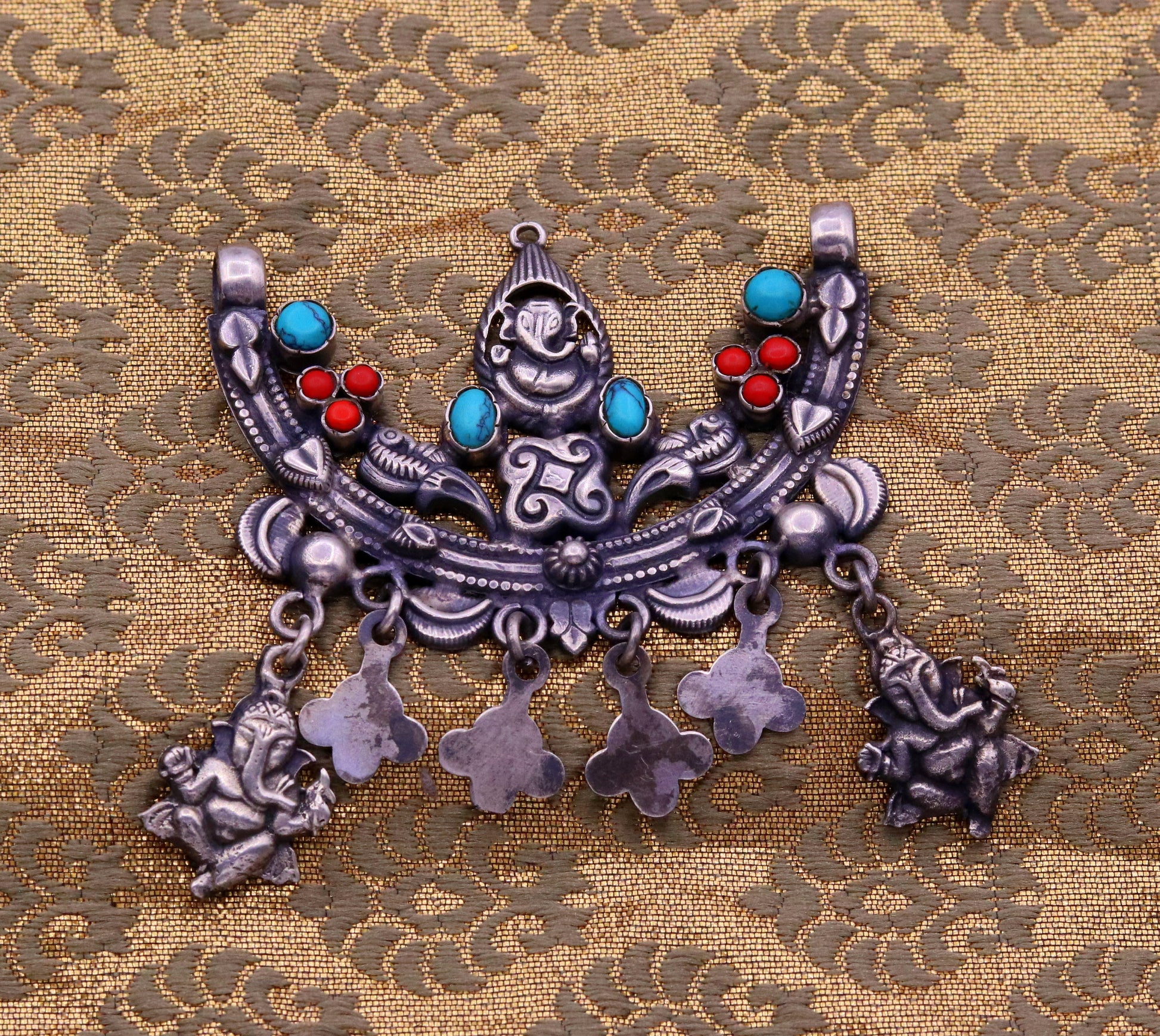 925 Sterling silver handmade vintage ethnic Ganesha design pendant amazing turquoise coral stone pendant tribal belly dance jewelry nsp298 - TRIBAL ORNAMENTS