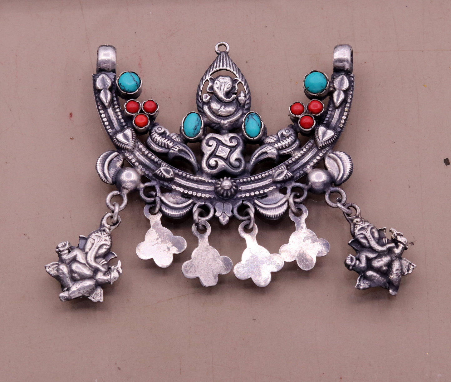 925 Sterling silver handmade vintage ethnic Ganesha design pendant amazing turquoise coral stone pendant tribal belly dance jewelry nsp298 - TRIBAL ORNAMENTS