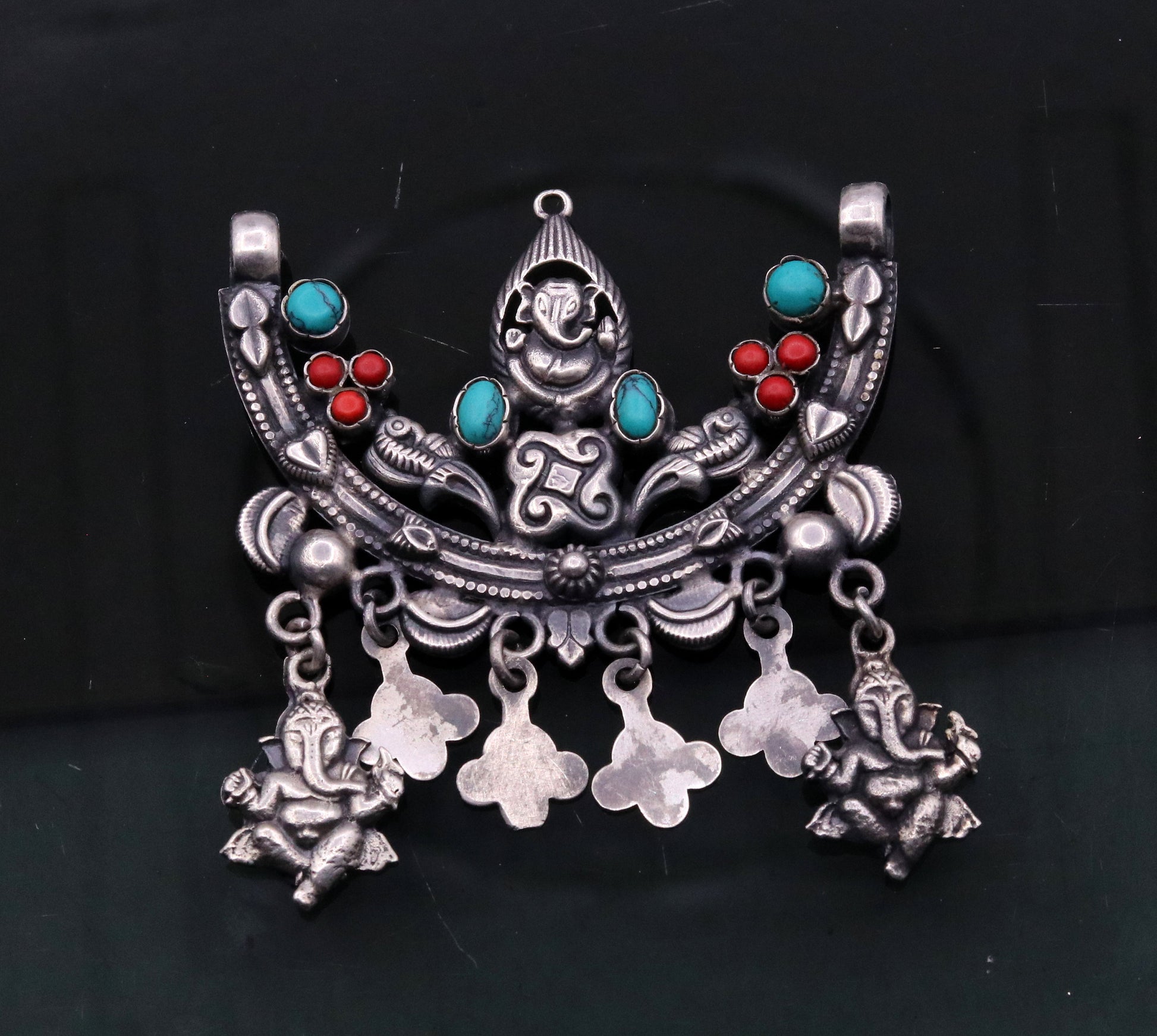 925 Sterling silver handmade vintage ethnic Ganesha design pendant amazing turquoise coral stone pendant tribal belly dance jewelry nsp298 - TRIBAL ORNAMENTS