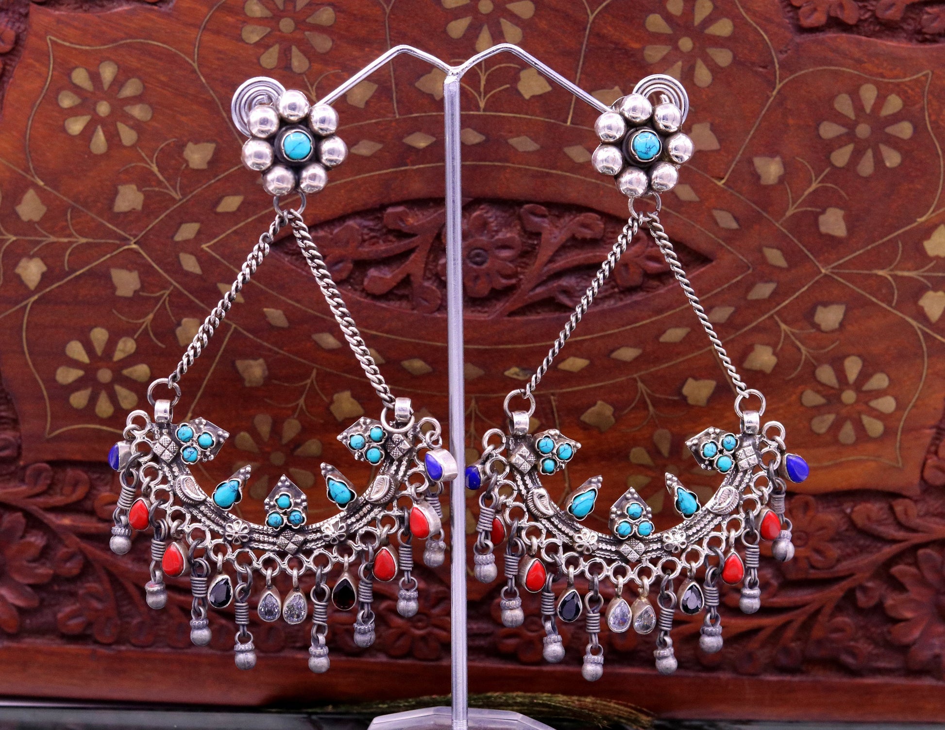 925 sterling silver handmade turquoise and coral stone fabulous long charm earring stud, drop dangle chandbala chandelier style jewelry s724 - TRIBAL ORNAMENTS