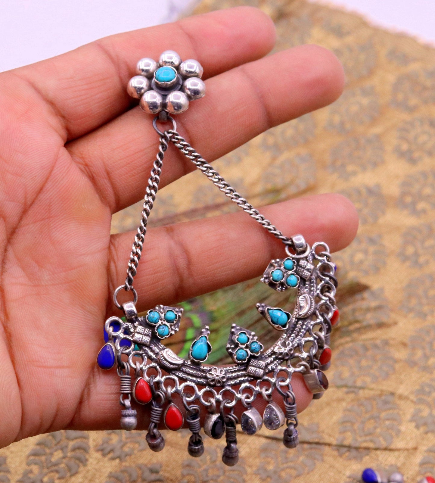 925 sterling silver handmade turquoise and coral stone fabulous long charm earring stud, drop dangle chandbala chandelier style jewelry s724 - TRIBAL ORNAMENTS