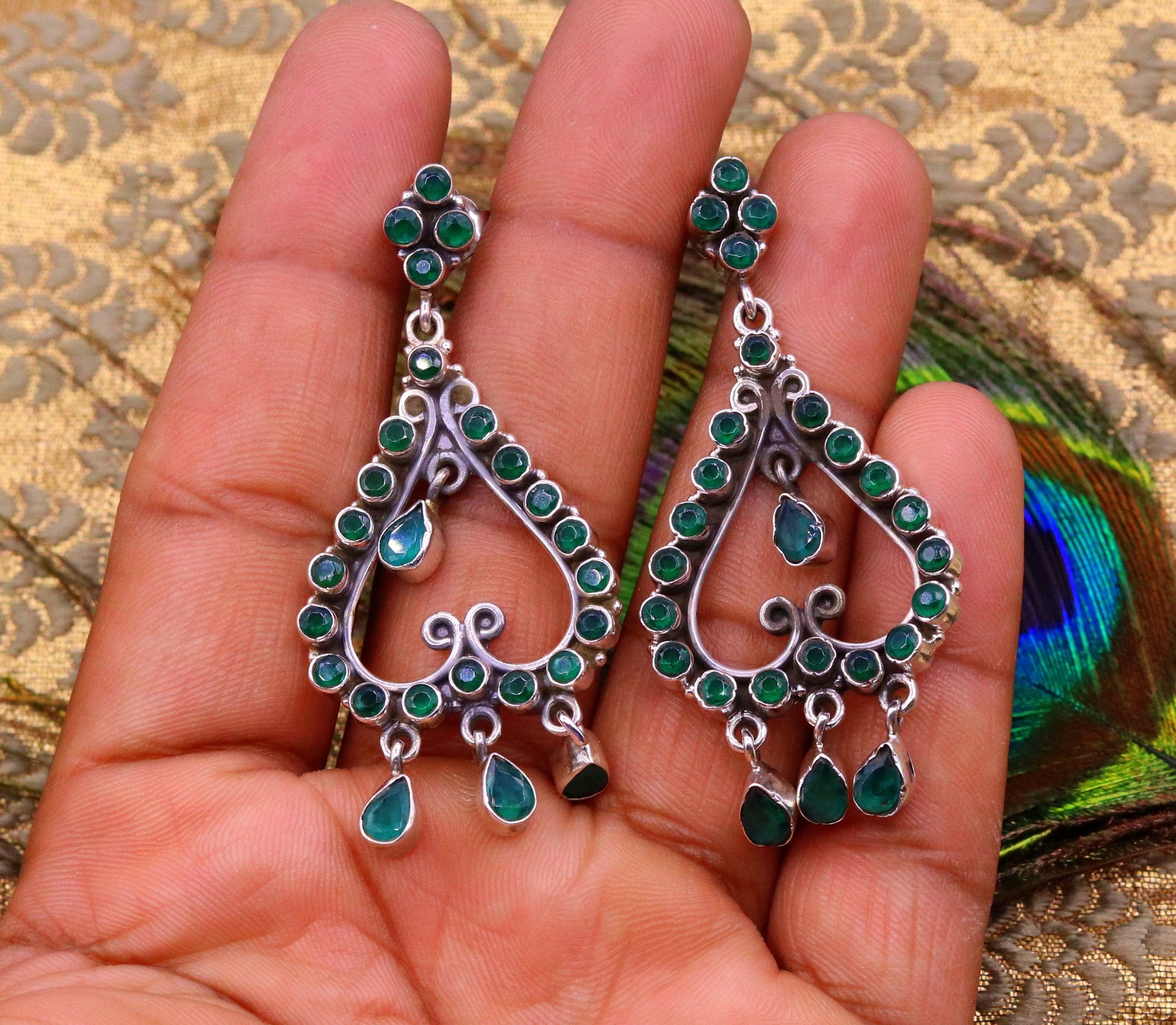 925 sterling silver pretty attractive Green onyx handmade drop dangle stud earring excellent vintage style girls party jewelry india s728 - TRIBAL ORNAMENTS