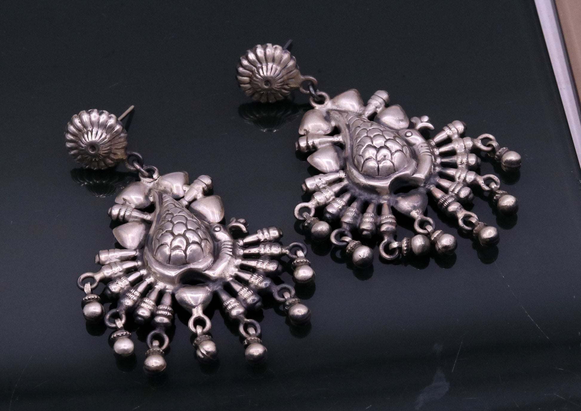 925 sterling silver handmade fabulous peacock stud earring dangle hanging drops bells, vintage design tribal jhumki belly dance jewelry s759 - TRIBAL ORNAMENTS