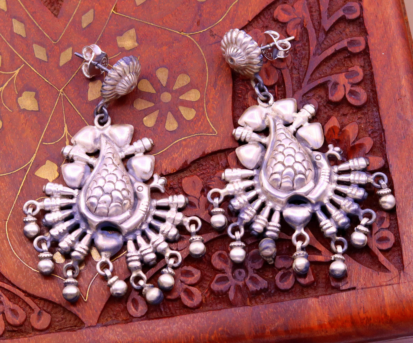925 sterling silver handmade fabulous peacock stud earring dangle hanging drops bells, vintage design tribal jhumki belly dance jewelry s759 - TRIBAL ORNAMENTS
