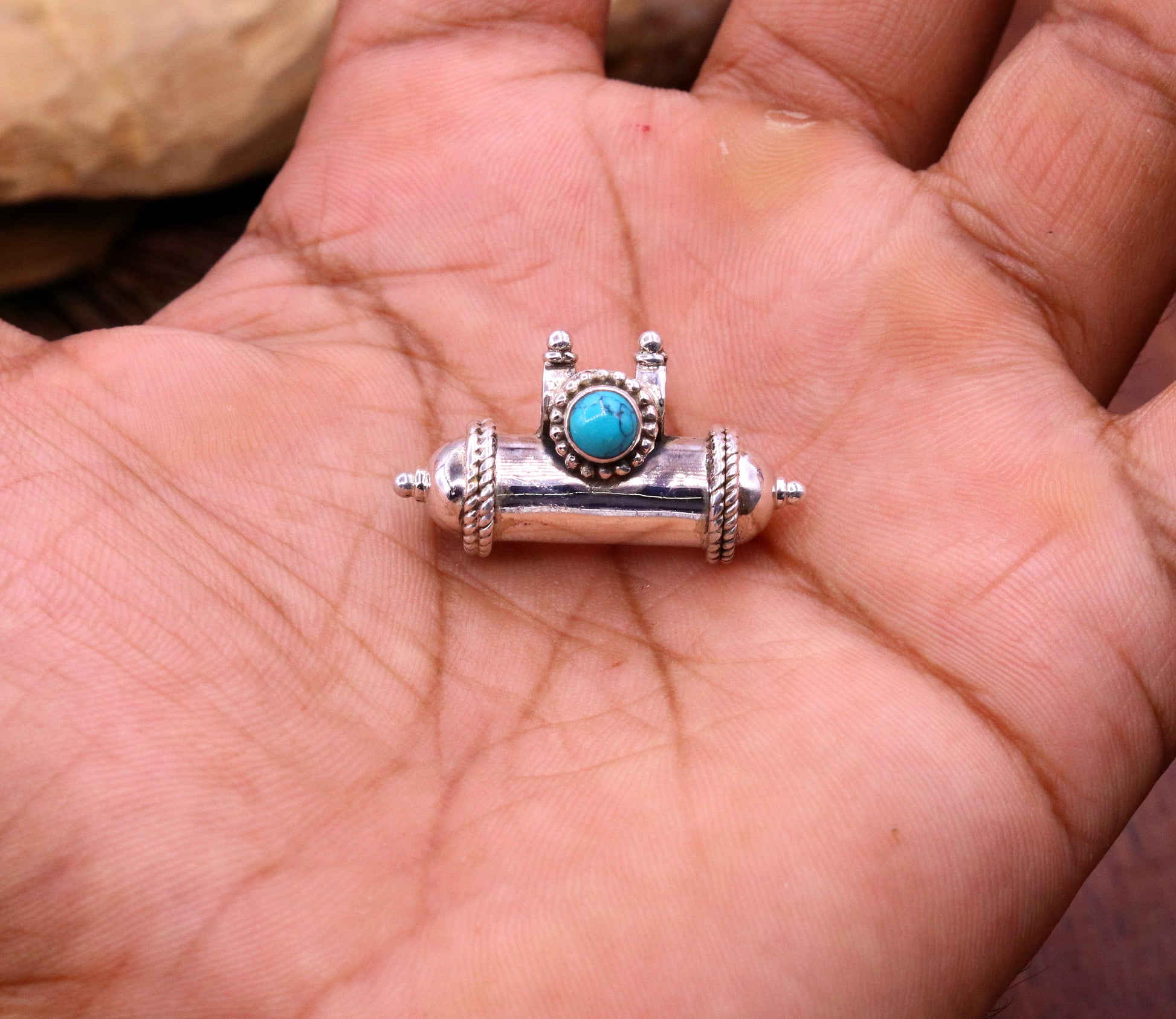 925 sterling silver handmade Amulet box pendant with fabulous blue turquoise stone, excellent vintage design tribal ethnic jewelry nsp320 - TRIBAL ORNAMENTS