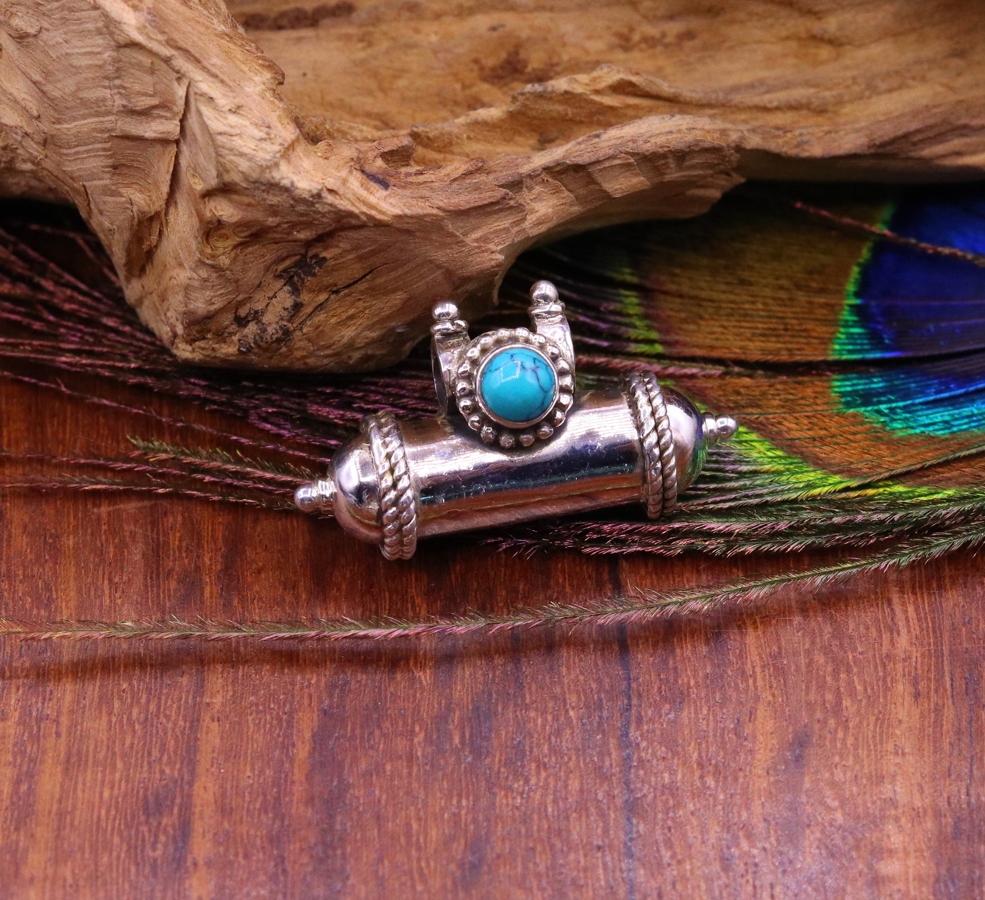 925 sterling silver handmade Amulet box pendant with fabulous blue turquoise stone, excellent vintage design tribal ethnic jewelry nsp320 - TRIBAL ORNAMENTS