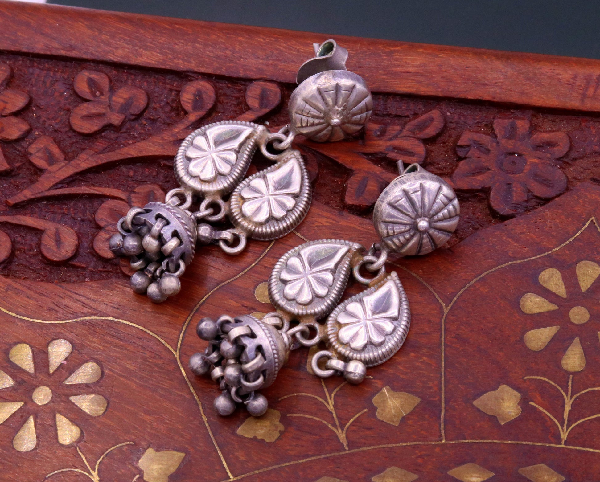 925 sterling silver handmade vintage design mango shape work stud earring jhumki, chandelier style earring jewelry ,tribal belly dance s699 - TRIBAL ORNAMENTS
