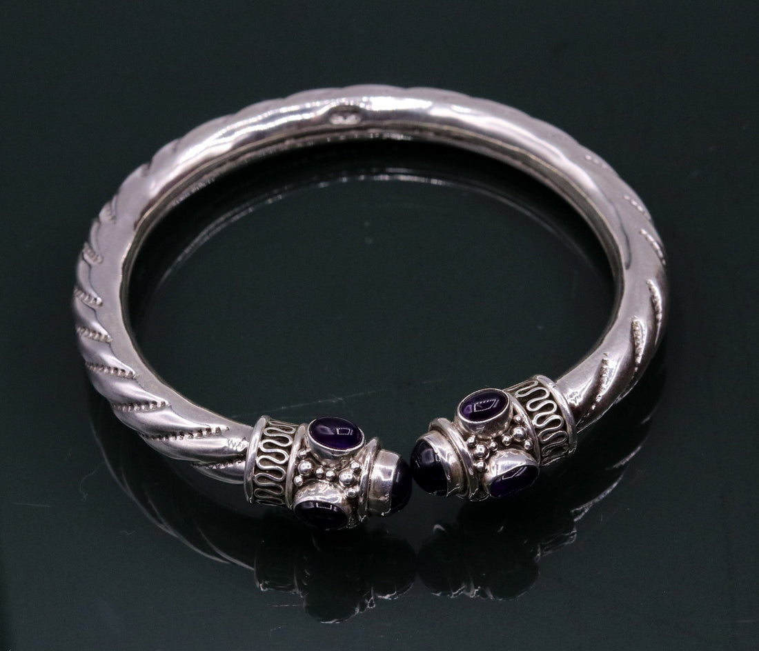 925 sterling silver handmade vintage design bangle bracelet kada with fabulous purple amethyst gemstone tribal unisex jewelry nsk223 - TRIBAL ORNAMENTS