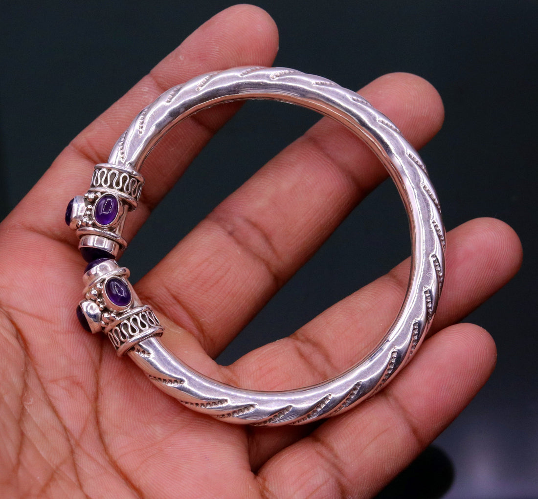 925 sterling silver handmade vintage design bangle bracelet kada with fabulous purple amethyst gemstone tribal unisex jewelry nsk223 - TRIBAL ORNAMENTS