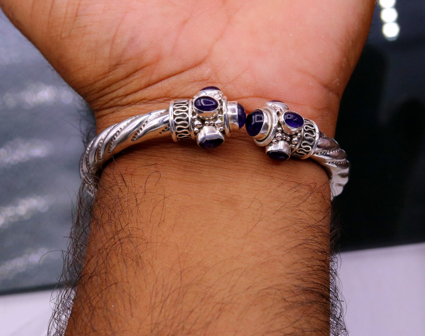 925 sterling silver handmade vintage design bangle bracelet kada with fabulous purple amethyst gemstone tribal unisex jewelry nsk223 - TRIBAL ORNAMENTS