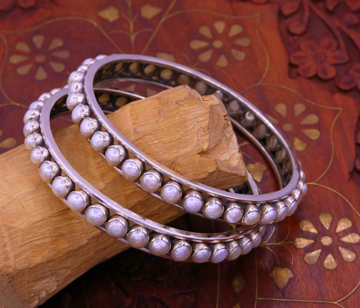 925 sterling silver handmade bangle bracelet kada, gorgeous natural pearl, amazing custom made excellent tribal bridal oxidized jewelry ba45 - TRIBAL ORNAMENTS