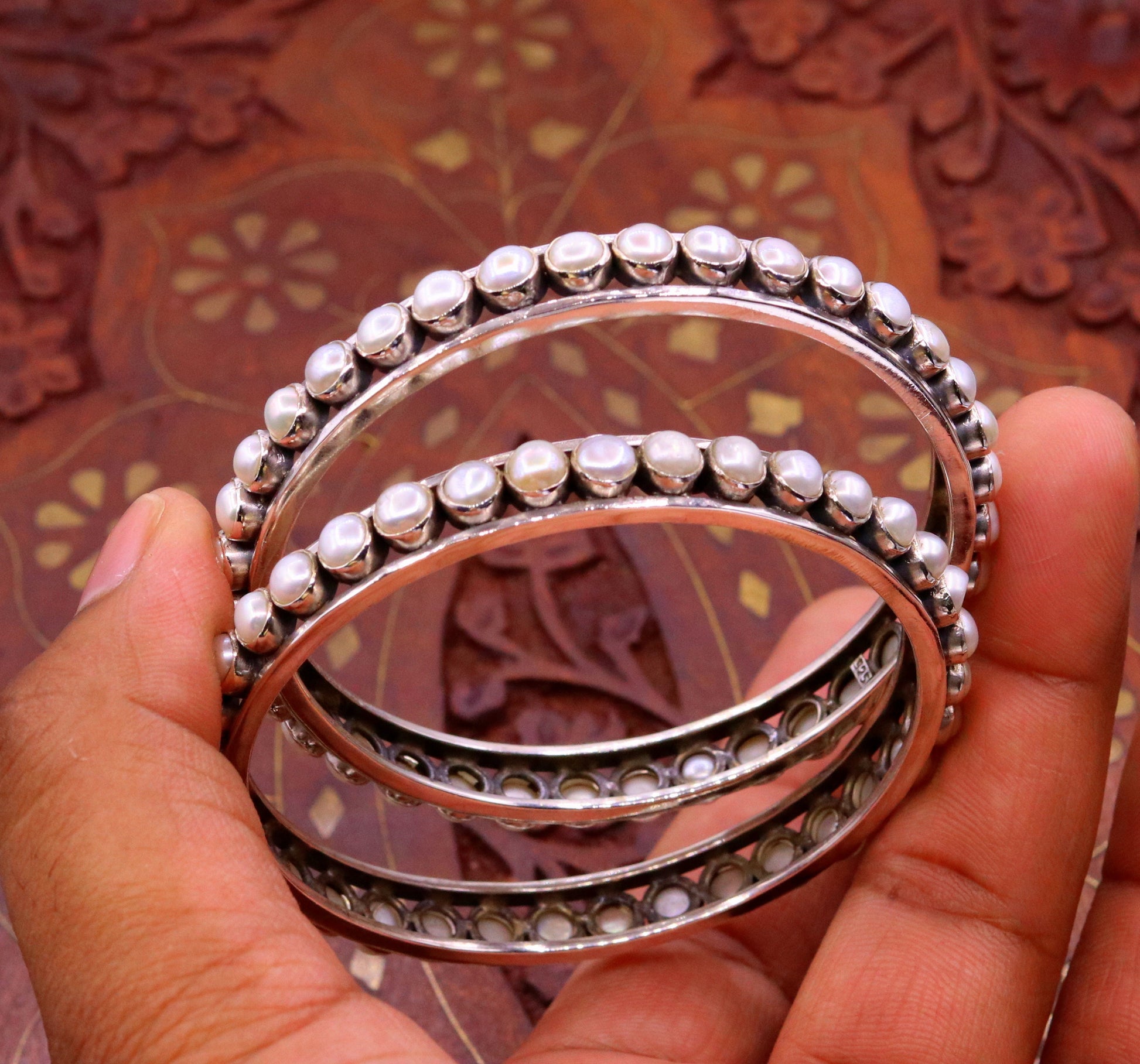 925 sterling silver handmade bangle bracelet kada, gorgeous natural pearl, amazing custom made excellent tribal bridal oxidized jewelry ba45 - TRIBAL ORNAMENTS