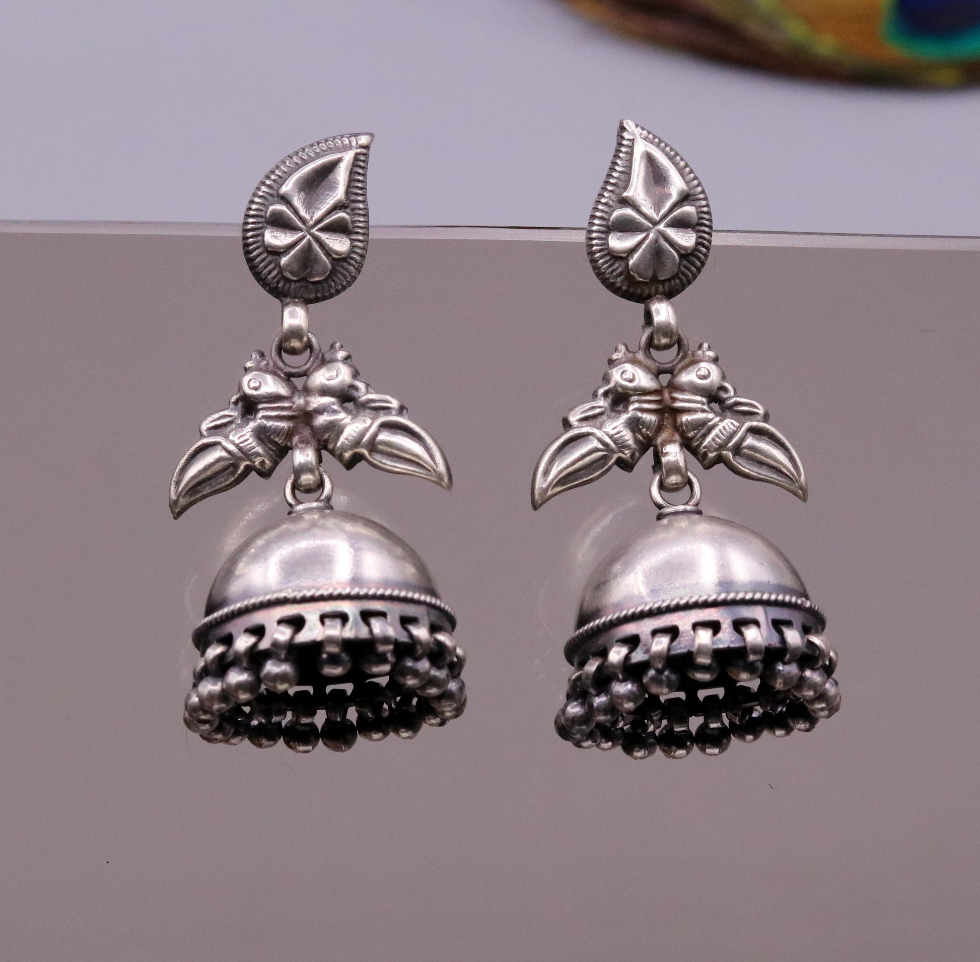 Handcrafted vintage peacock design 925 sterling silver gorgeous stud earring jhumki, drop dangle chandelier style light weight earring s794 - TRIBAL ORNAMENTS