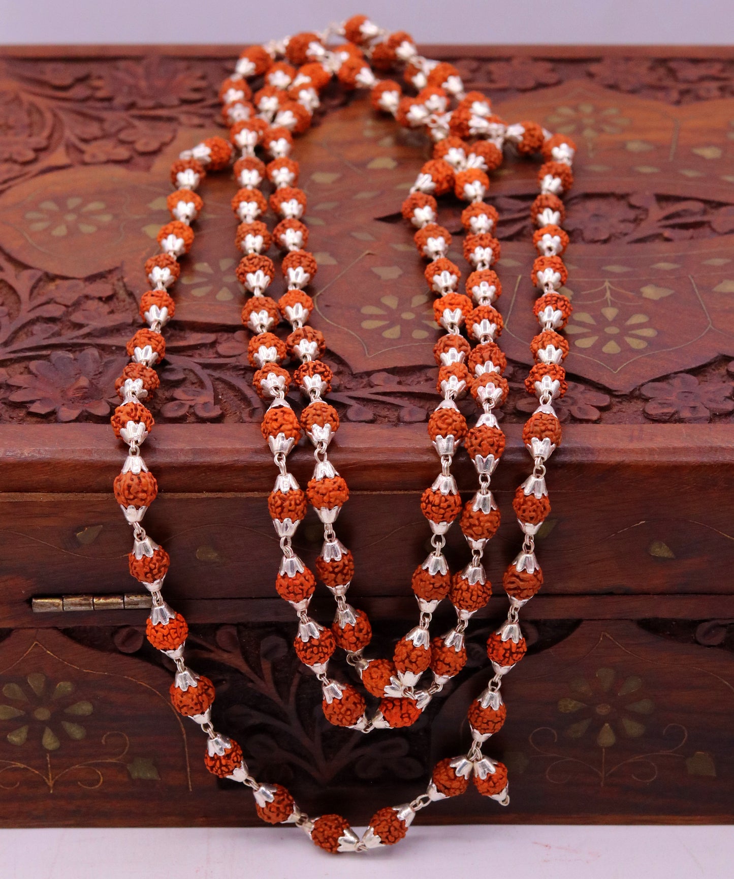 7 mm natural Rudraksha beads seeds Vintage design Sterling silver 108 beads chain necklace for japping mantra to pray the god jewelry ch61 - TRIBAL ORNAMENTS