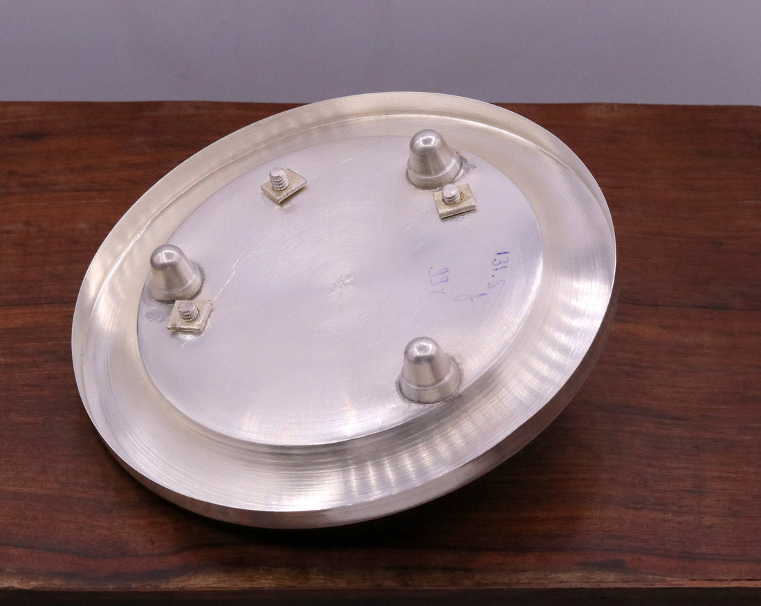 999 fine pure sterling silver handmade plate Puja Thali ,5.5" wide Aum design Puja plate tray for Home temple decor art Arti vessel sv02 - TRIBAL ORNAMENTS