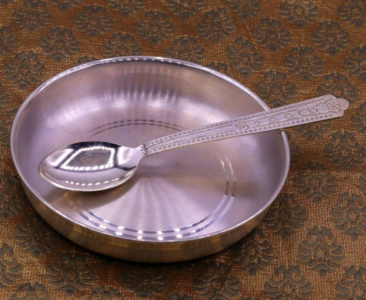 999 sterling silver handmade silver plate tray and spoon set, silver baby vessels set , silver vessels , silver utensils from india sv04 - TRIBAL ORNAMENTS